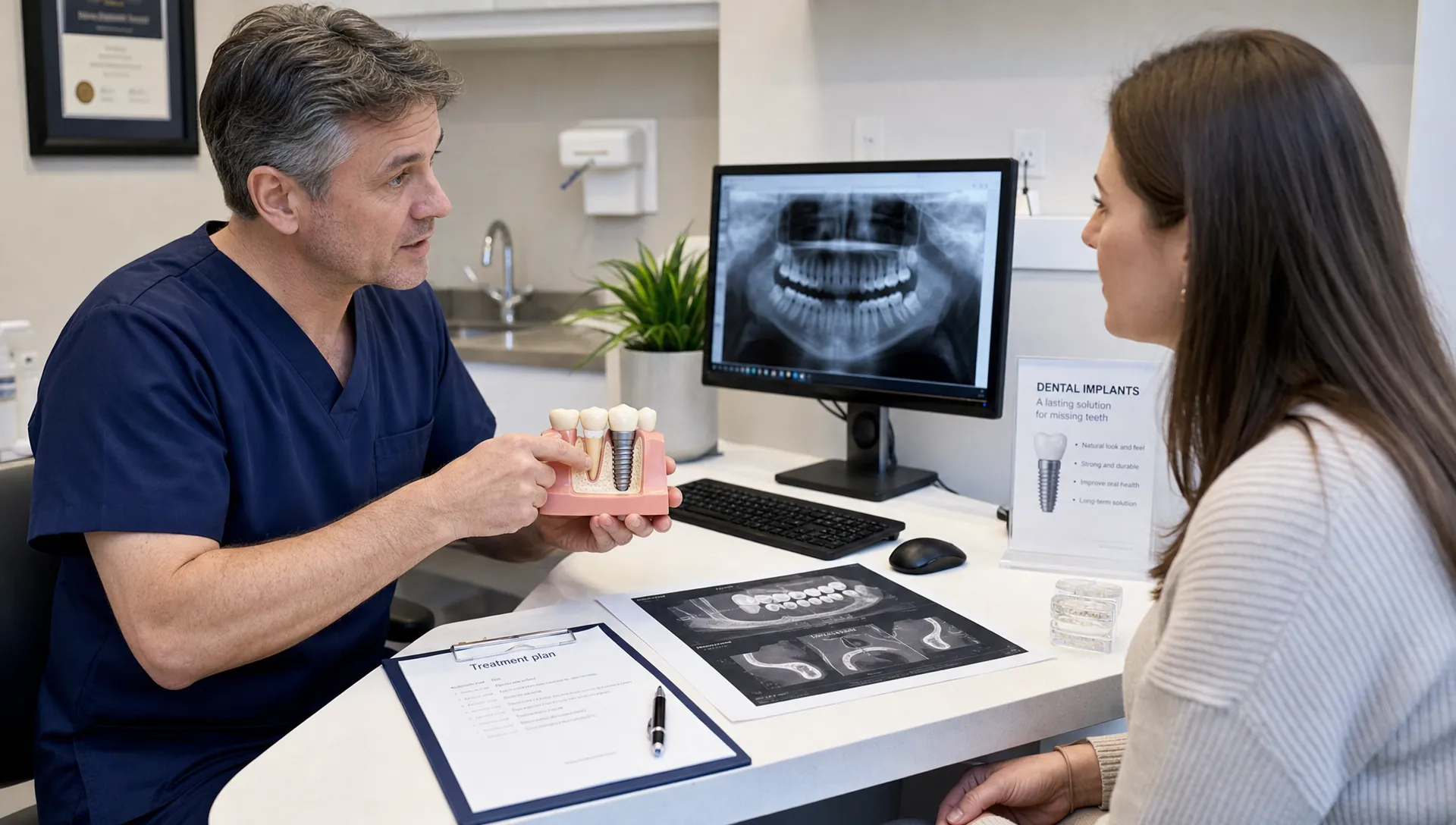 A calm consultation room with a dentist explaining a dental implant model and printed jaw scan images to a patient, with treatment notes on the desk and a reassuring clinical setting.