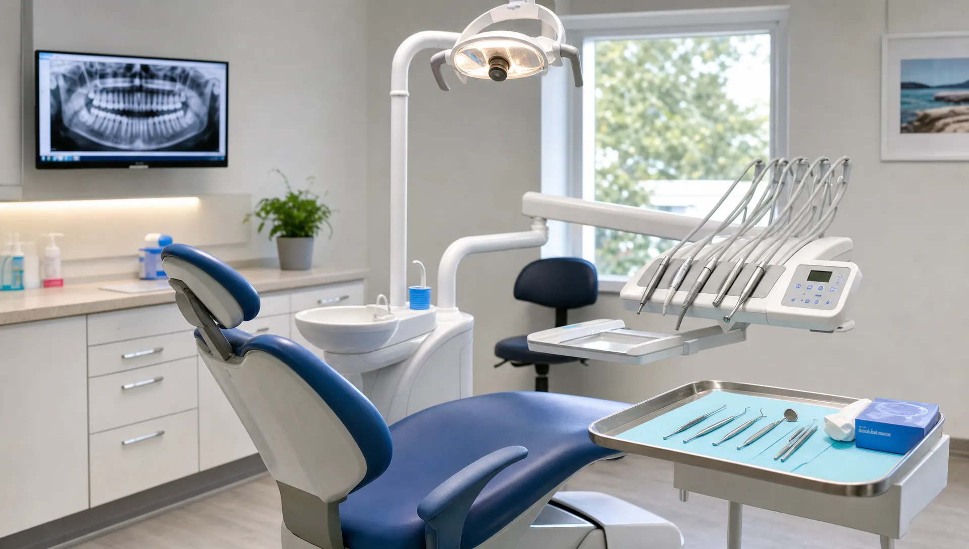 A calm dental treatment room prepared for an urgent appointment, with a reclining dental chair, examination light, sterile instruments and a small tray ready for assessment.