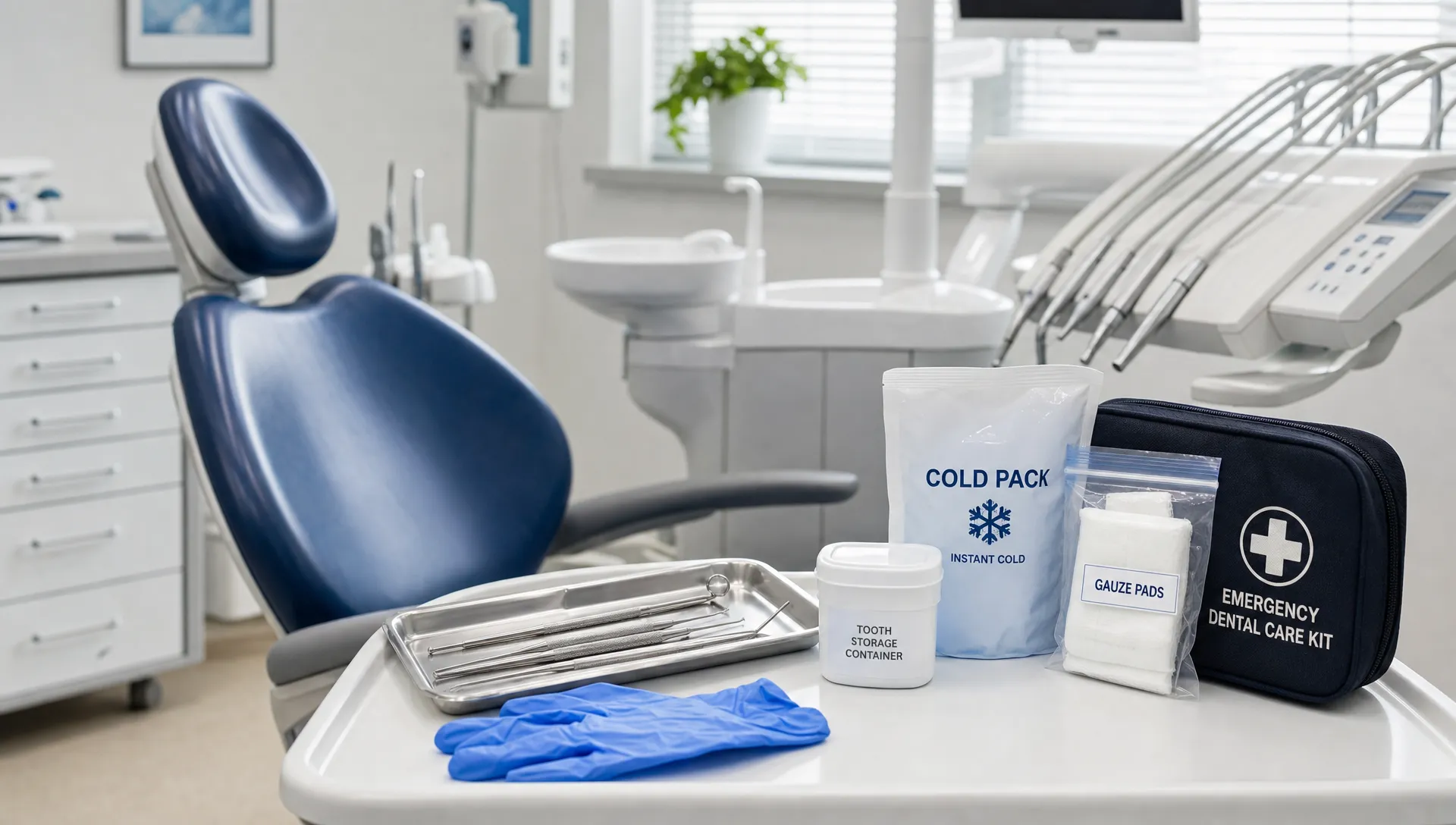 A calm dental treatment room with a dental chair, clean instruments on a tray, protective gloves, and a small emergency dental care kit including gauze, a cold pack, and a tooth storage container.