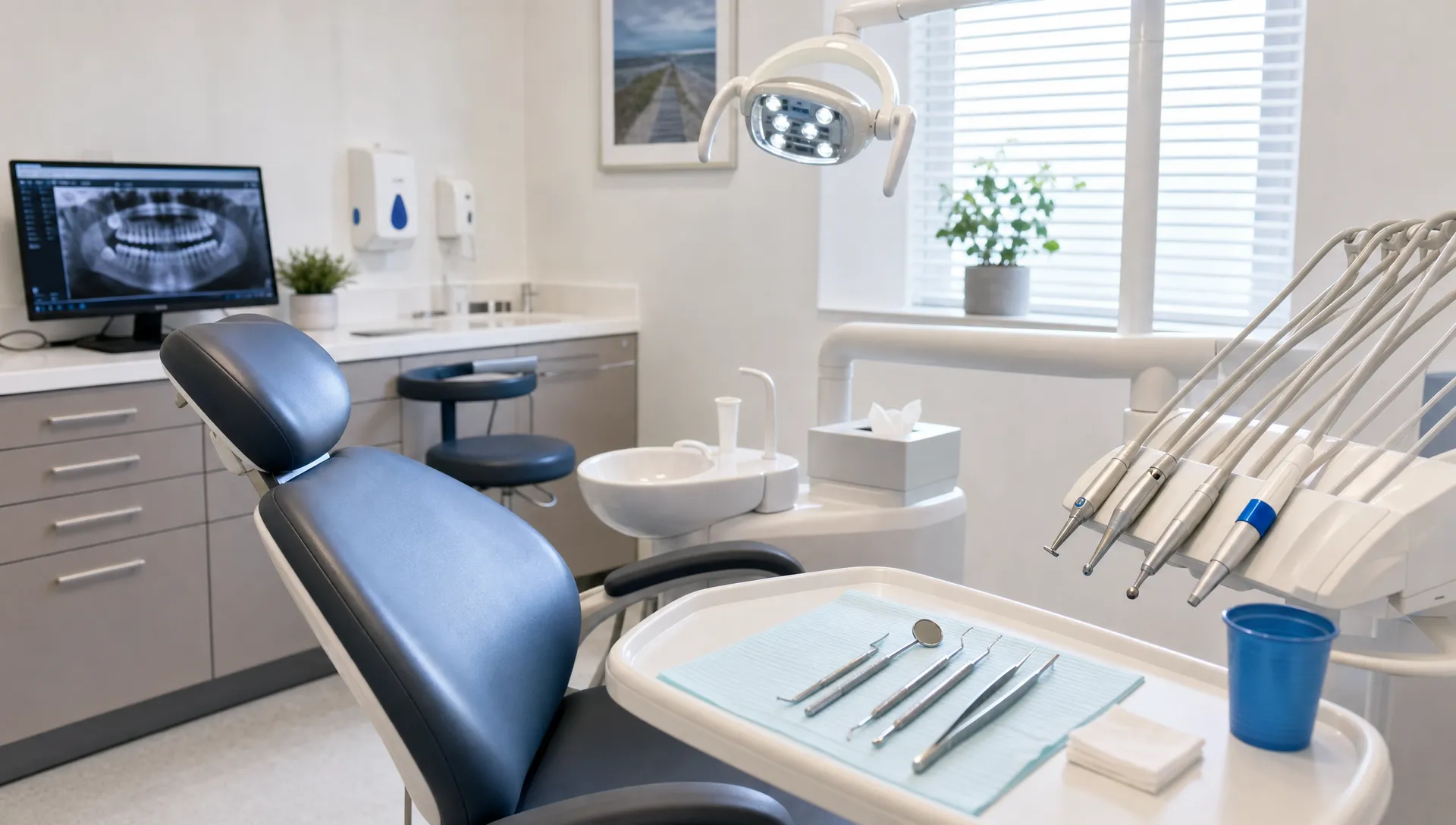 A calm modern dental surgery with a dental chair, examination light, mirror and dental instruments prepared neatly for a first patient check-up.