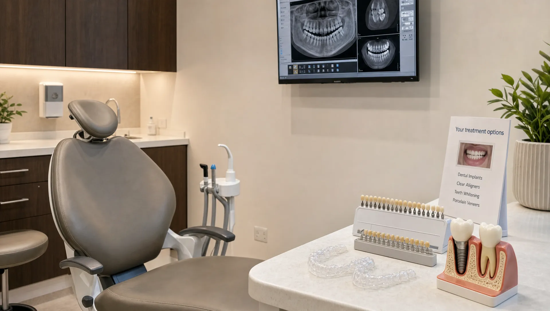 A calm private dental consultation room with a dental chair, tooth shade guides, clear aligner trays and a dental implant model arranged on a side counter for specialist treatment planning.