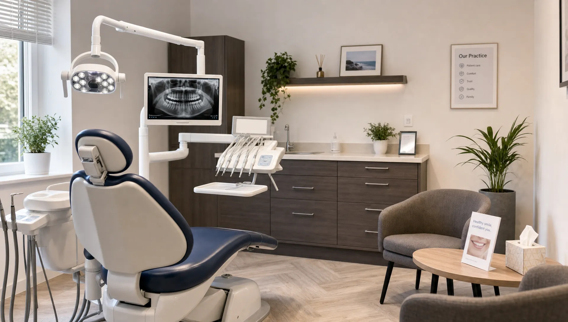 A calm private dental surgery with a treatment chair, dental light, clean instruments, and a welcoming consultation area prepared for a routine check-up.