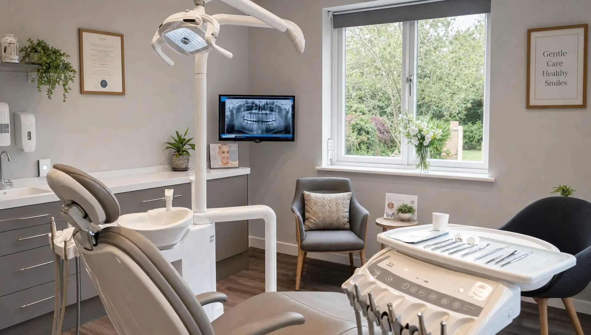 A calm private dental treatment room in Kent with a dental chair, clean clinical instruments on a side tray, soft natural light and a welcoming atmosphere for patient consultations.