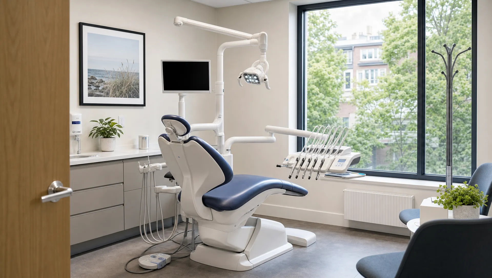 A calm private dental treatment room with a dental chair, clean clinical equipment and natural light, suggesting a welcoming environment for a new patient appointment.