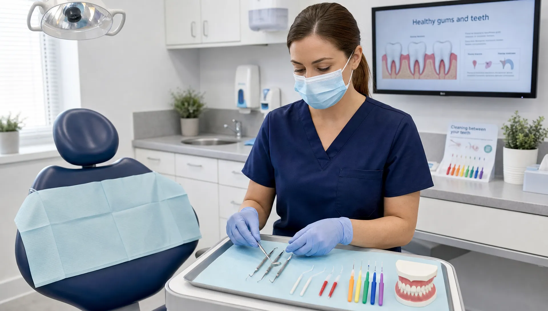 A dental hygienist prepares instruments beside a dental chair in a clean private clinic, with a patient bib, mirror, scaler, interdental brushes, and oral health education tools arranged neatly on a tray.