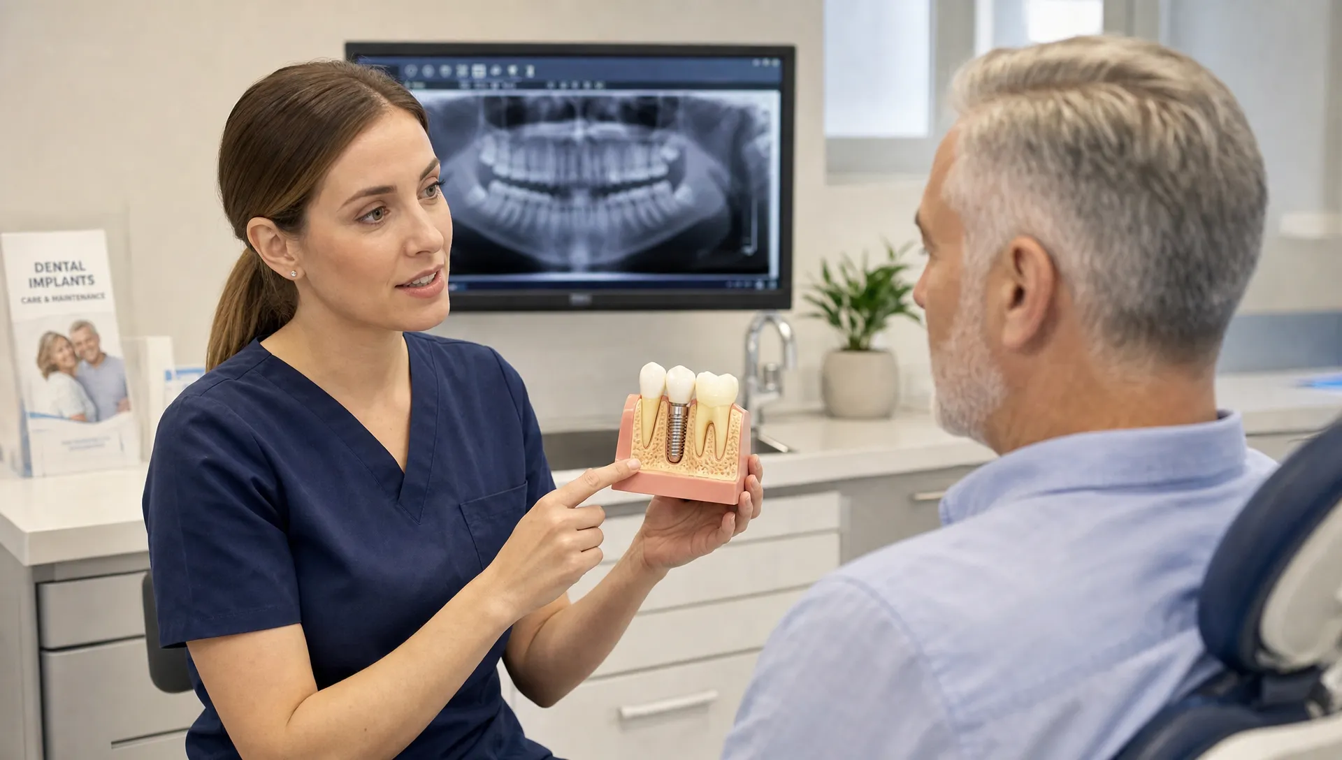 A dental professional explains a dental implant model to a patient, showing the implant fixture, abutment and crown while discussing long-term care and maintenance.