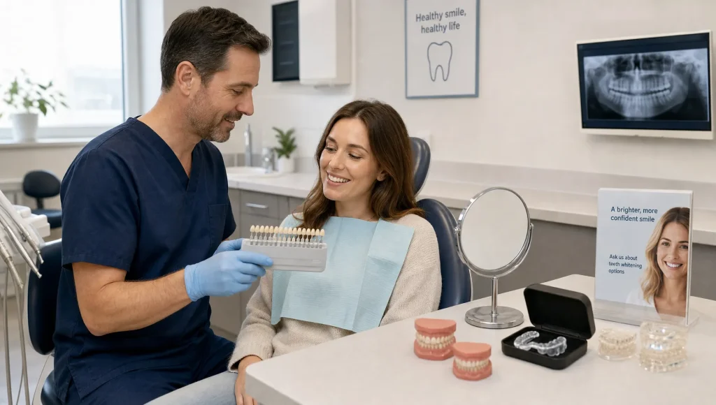 A dentist and patient discuss a natural-looking smile beside a mirror and shade guide in a calm dental treatment room.