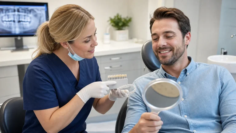 A dentist and patient review a mirror, shade guide and aligner model during a cosmetic consultation.