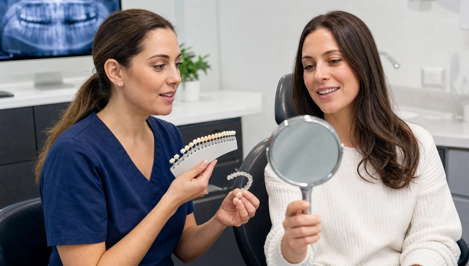 A dentist and patient review a mirror, shade guide and clear aligner model during a cosmetic consultation.