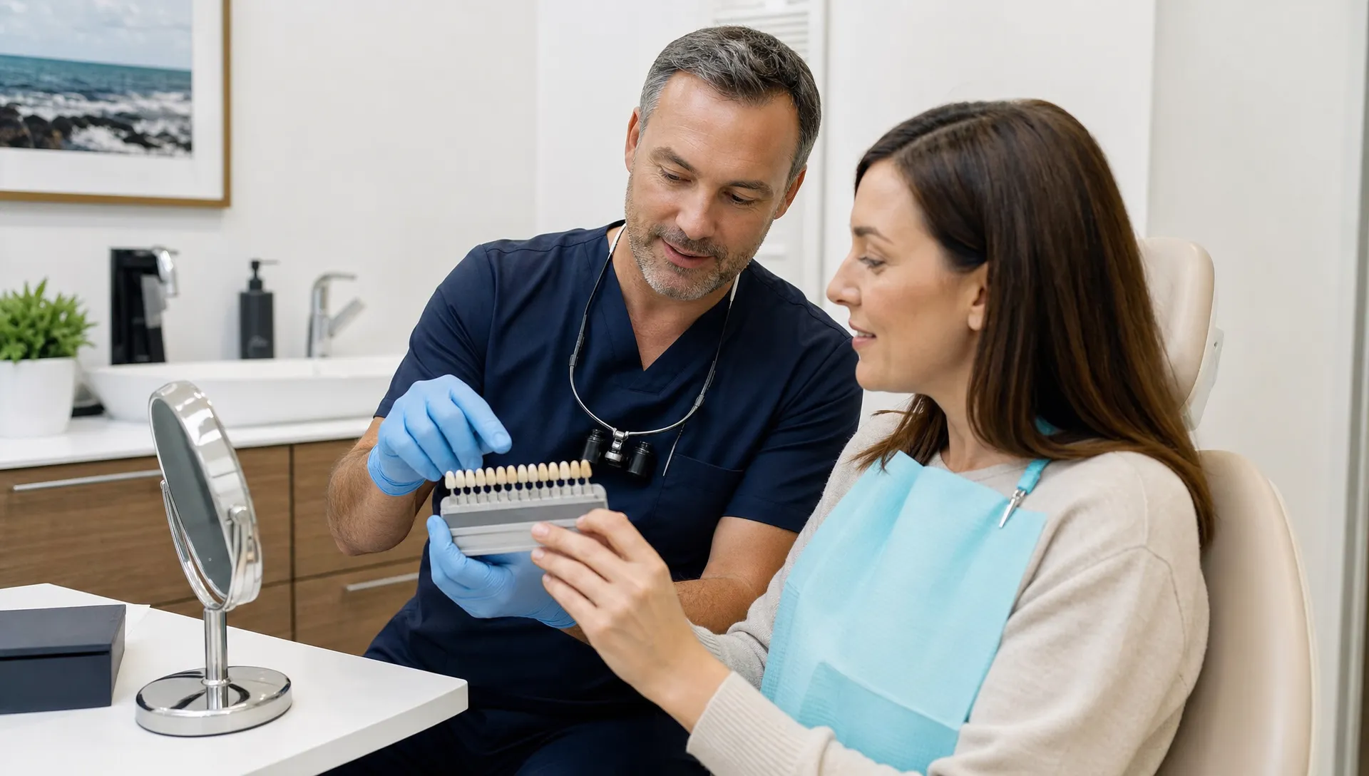 A dentist and patient review natural tooth shade samples beside a mirror in a calm consultation room.