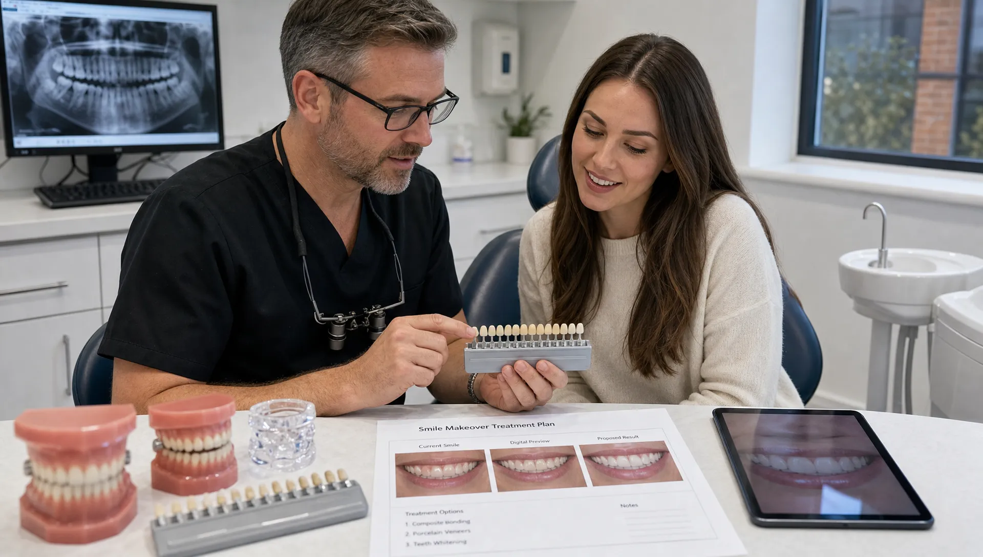 A dentist and patient review smile makeover options beside shade guides, tooth models and a printed treatment plan.