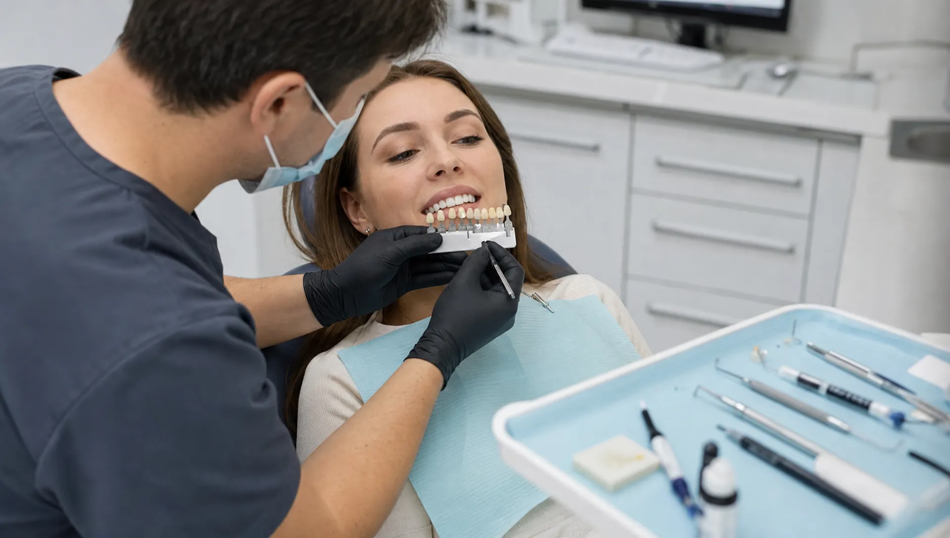 A dentist compares a shade guide with a patient's front teeth during composite bonding, with bonding tools arranged on a tray.