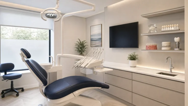 A modern dental treatment room is set up for a cosmetic consultation about whitening, bonding, Invisalign, veneers, crowns and implants.