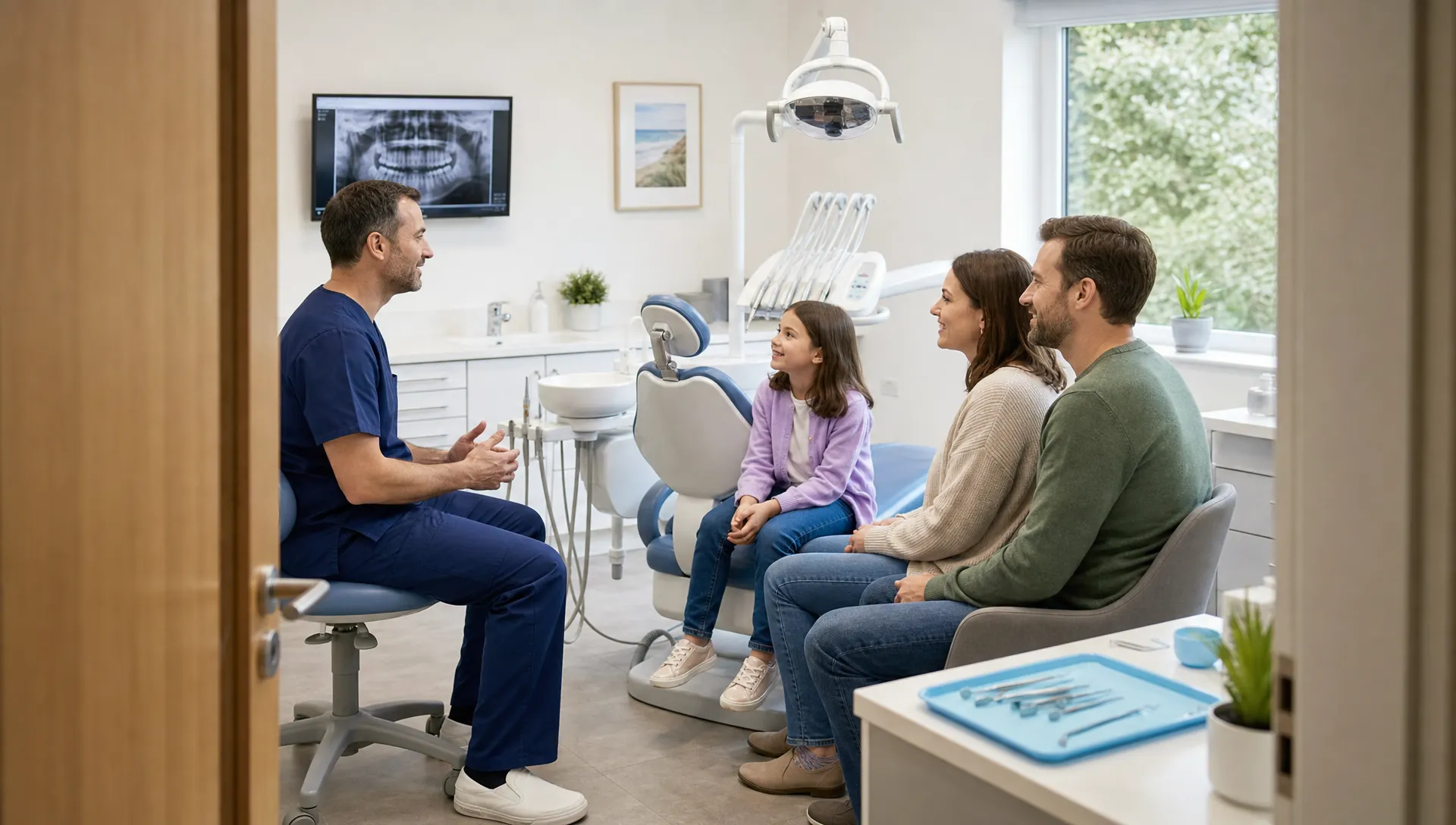 A welcoming dental surgery with a dentist calmly speaking to parents and a child, with dental instruments neatly arranged and a relaxed family-focused atmosphere, shown from the doorway of the treatment room.