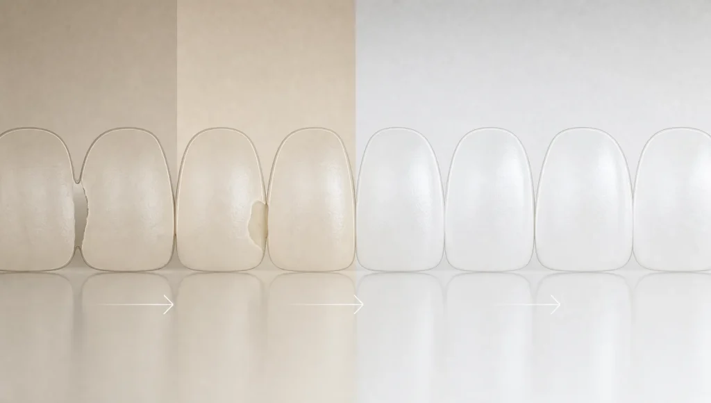 Abstract tooth outlines and a closing gap suggest the choice between bonding and veneers.