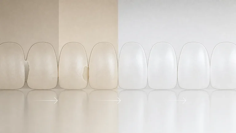 Abstract tooth outlines and a closing gap suggest the choice between bonding and veneers.