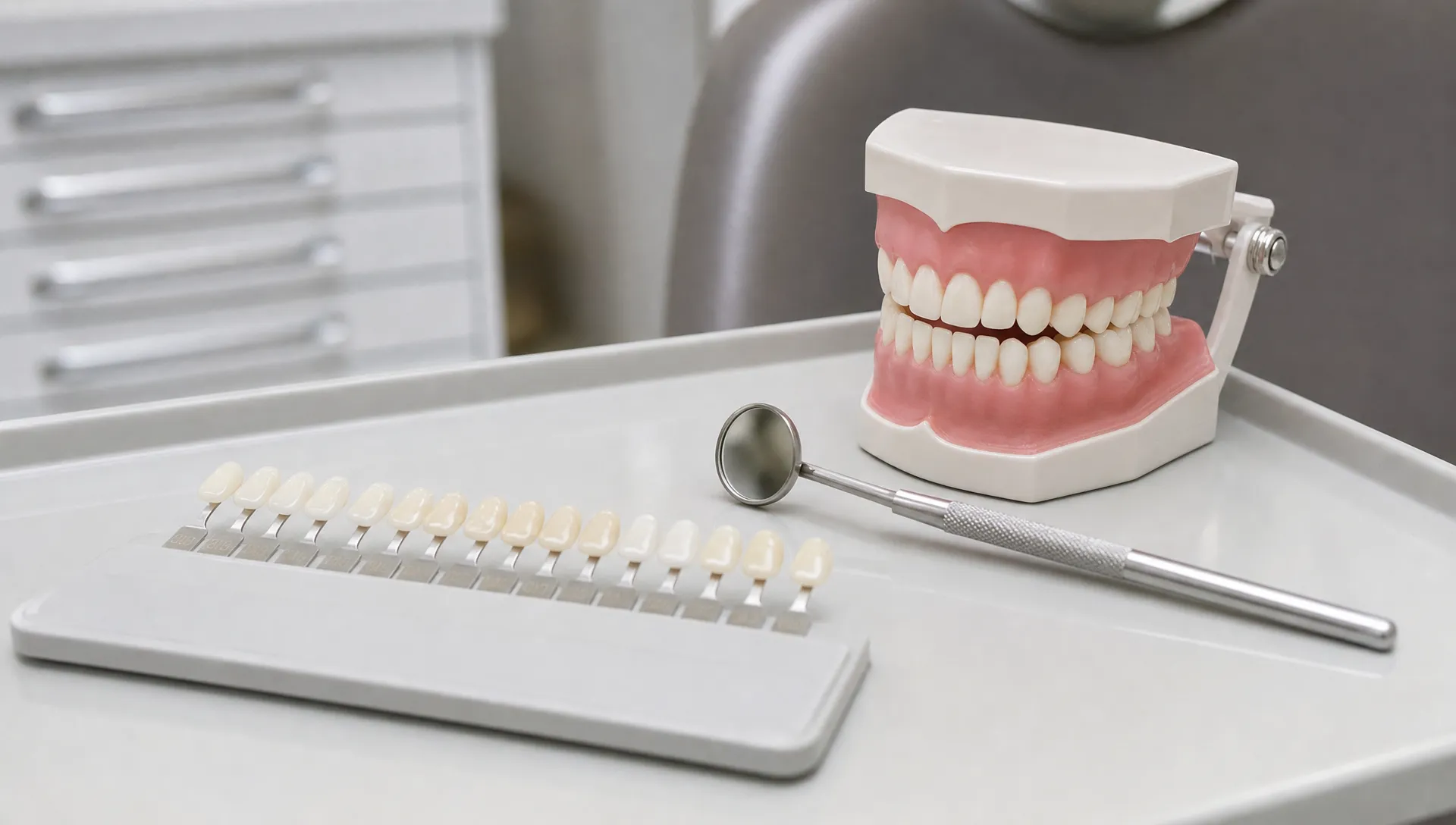 Dental shade tabs, a mouth mirror and model teeth lie on a clinic tray for cosmetic planning.