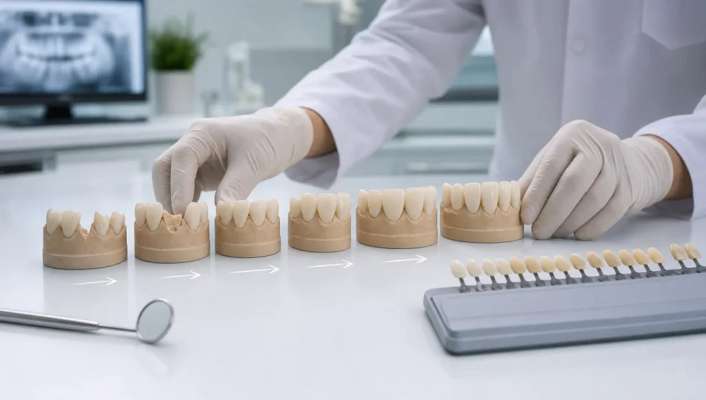 Front tooth models show how composite bonding can smooth chips and uneven edges during smile planning.