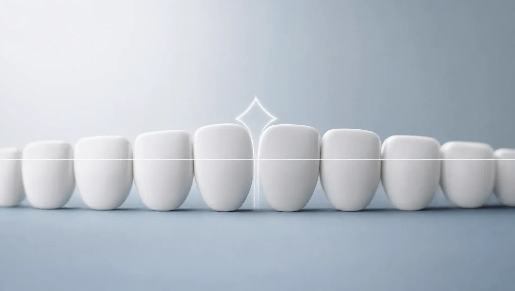 Simple tooth shapes and alignment lines suggest cosmetic planning for a smile makeover.