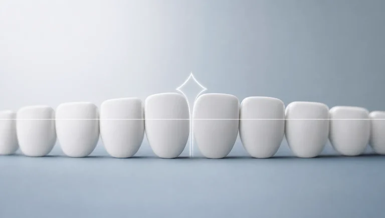 Simple tooth shapes and alignment lines suggest cosmetic planning for a smile makeover.
