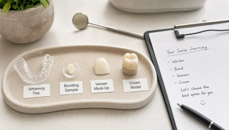 Whitening trays, bonding samples and crown models are arranged to show the choice of specialist dental treatments.