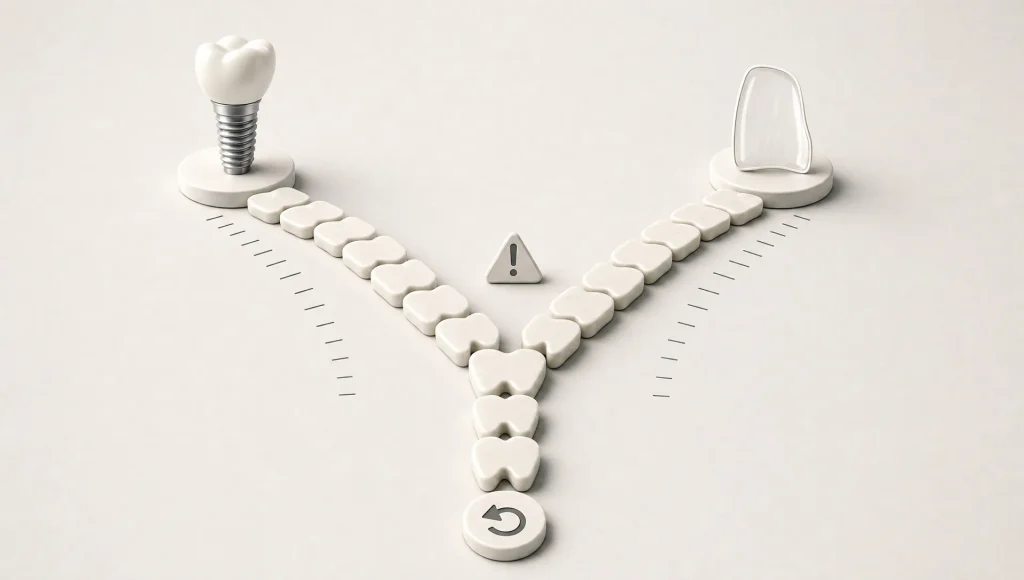 A branching row of tooth shapes contrasts implant and veneer treatment paths with warning markers.