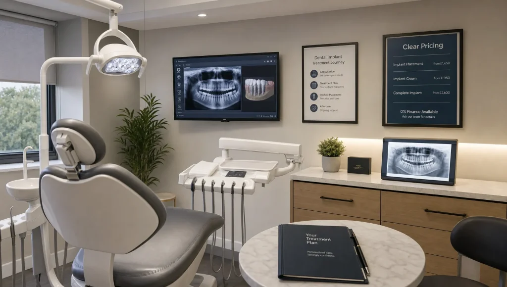 A calm dental consultation room is set up for an implant assessment with treatment notes and imaging ready.