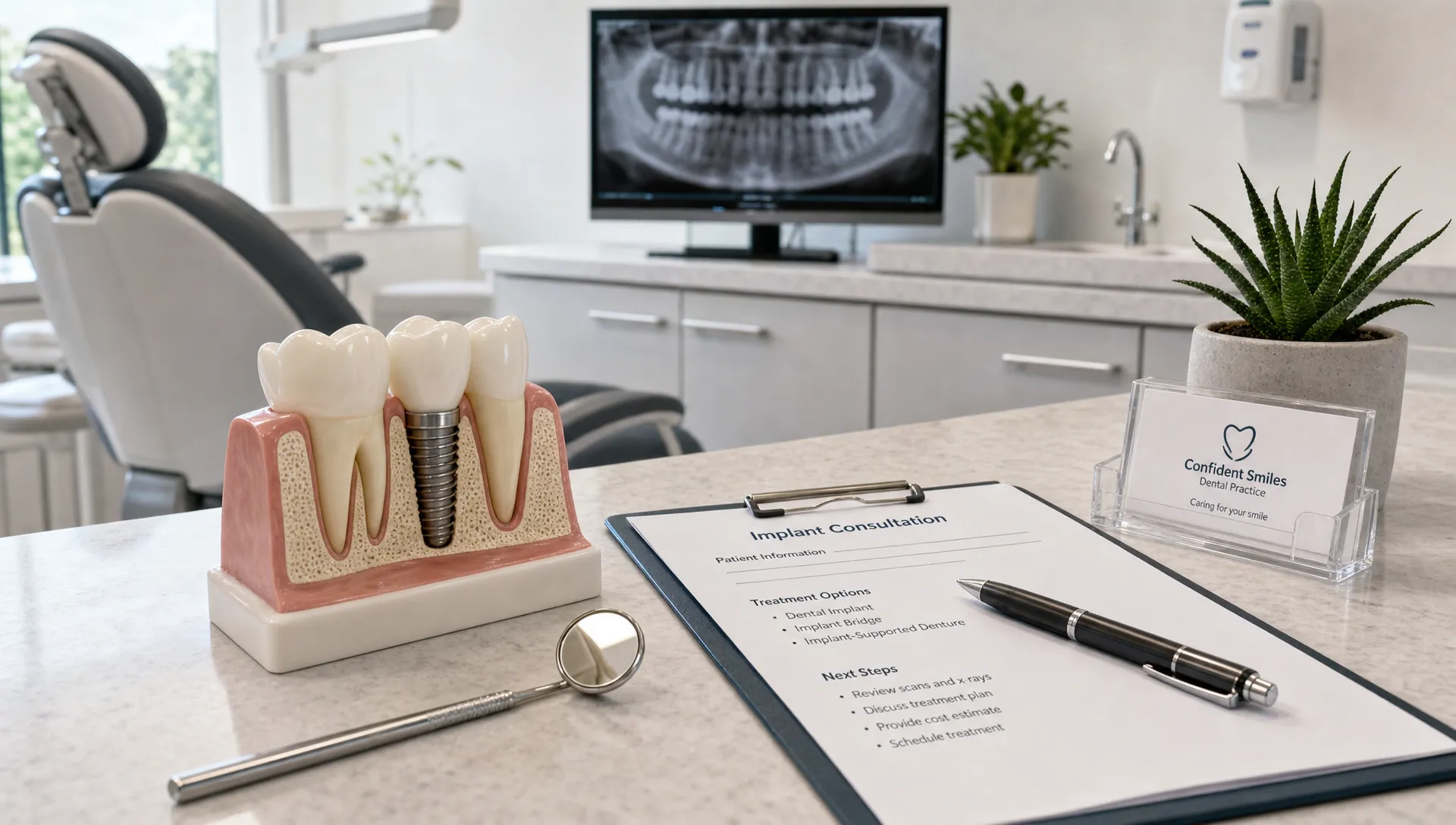 A calm dental treatment room shows an implant model, dental mirror and consultation notes on a clean counter.