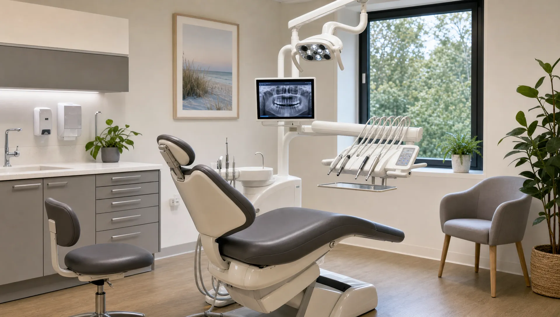 A calm dental treatment room with a chair, clean instruments and a welcoming atmosphere for professional care.