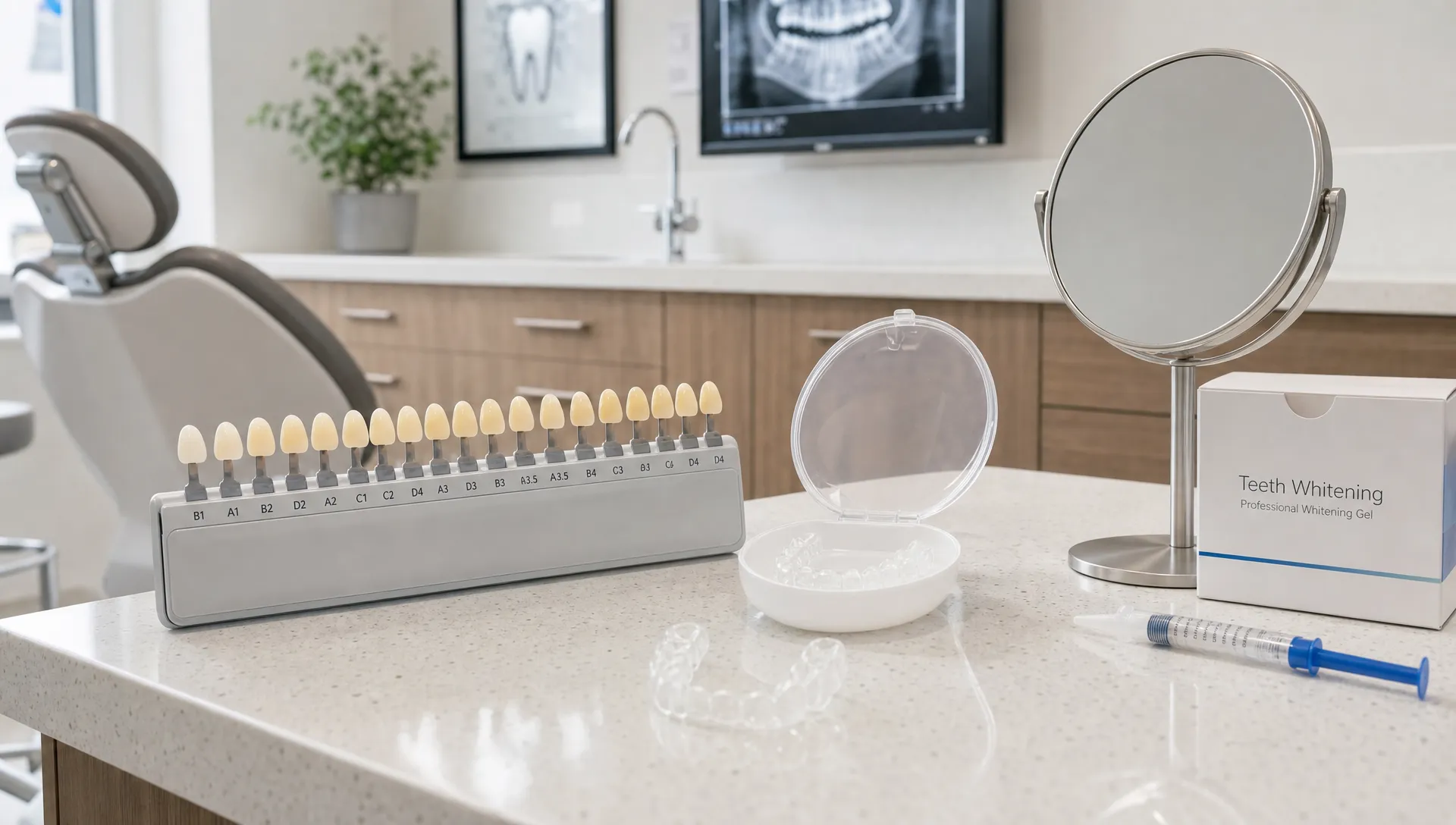 A calm dental treatment room with a shade guide, whitening trays and a small mirror arranged on the counter for a teeth whitening consultation.