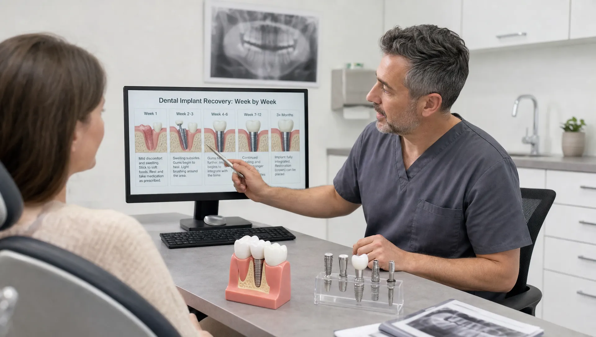 A calm implant recovery consultation shows a dentist explaining week-by-week healing beside dental models and implant parts in a treatment room.