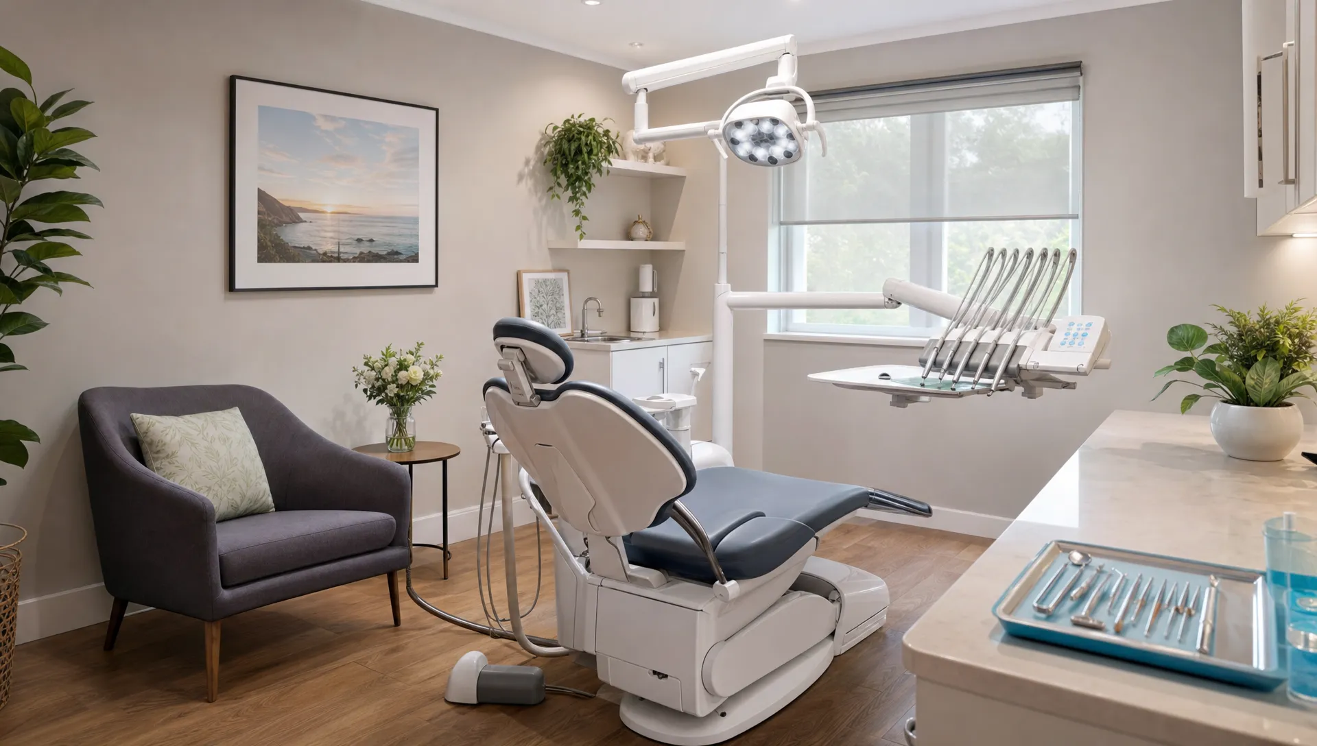 A calm private dental surgery prepared for nervous patients, with a clean chair, neatly arranged instruments and a welcoming treatment space.