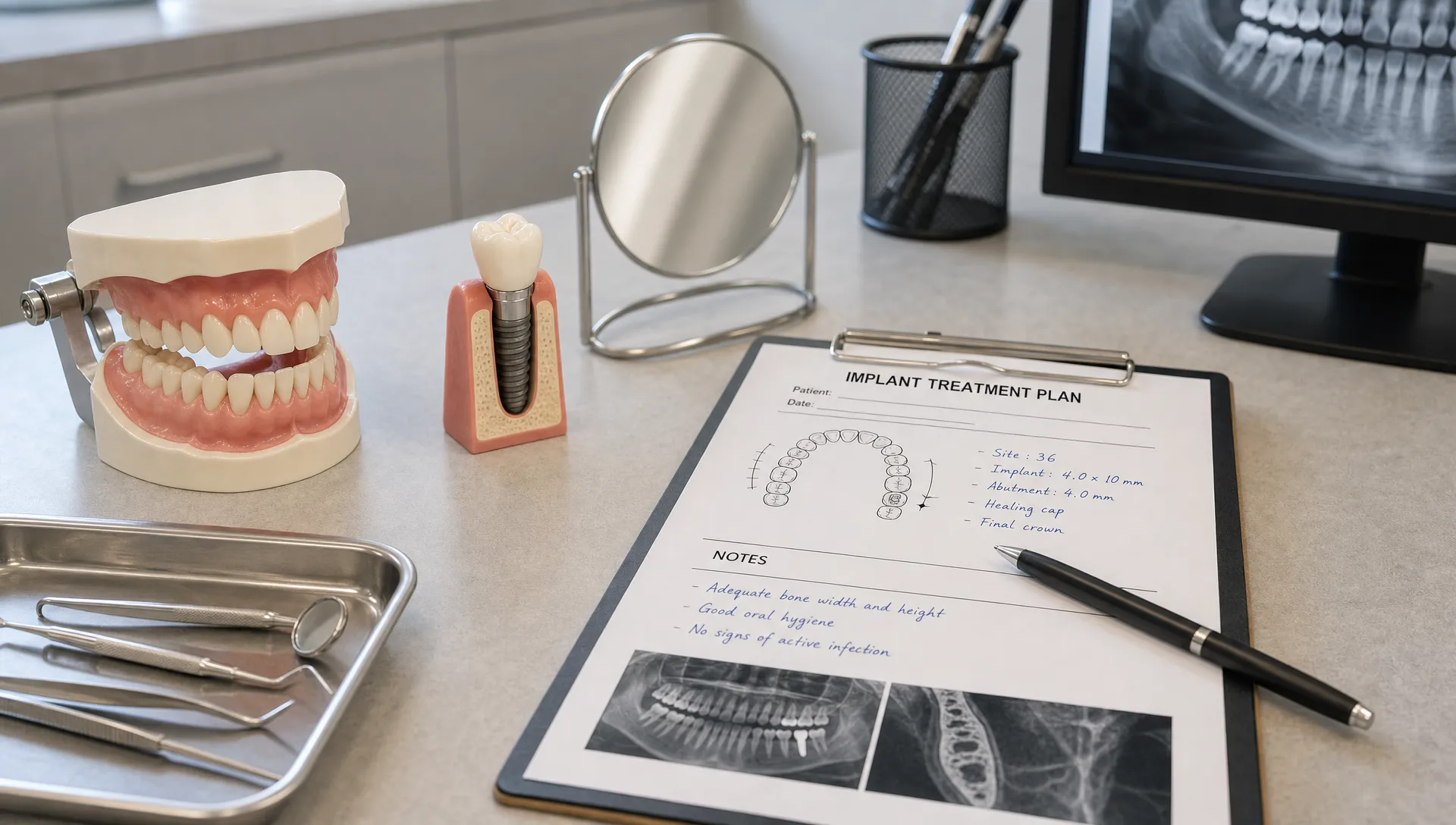 A consultation table with a jaw model, implant model, mirror and planning notes shows preparation before dental implant placement.