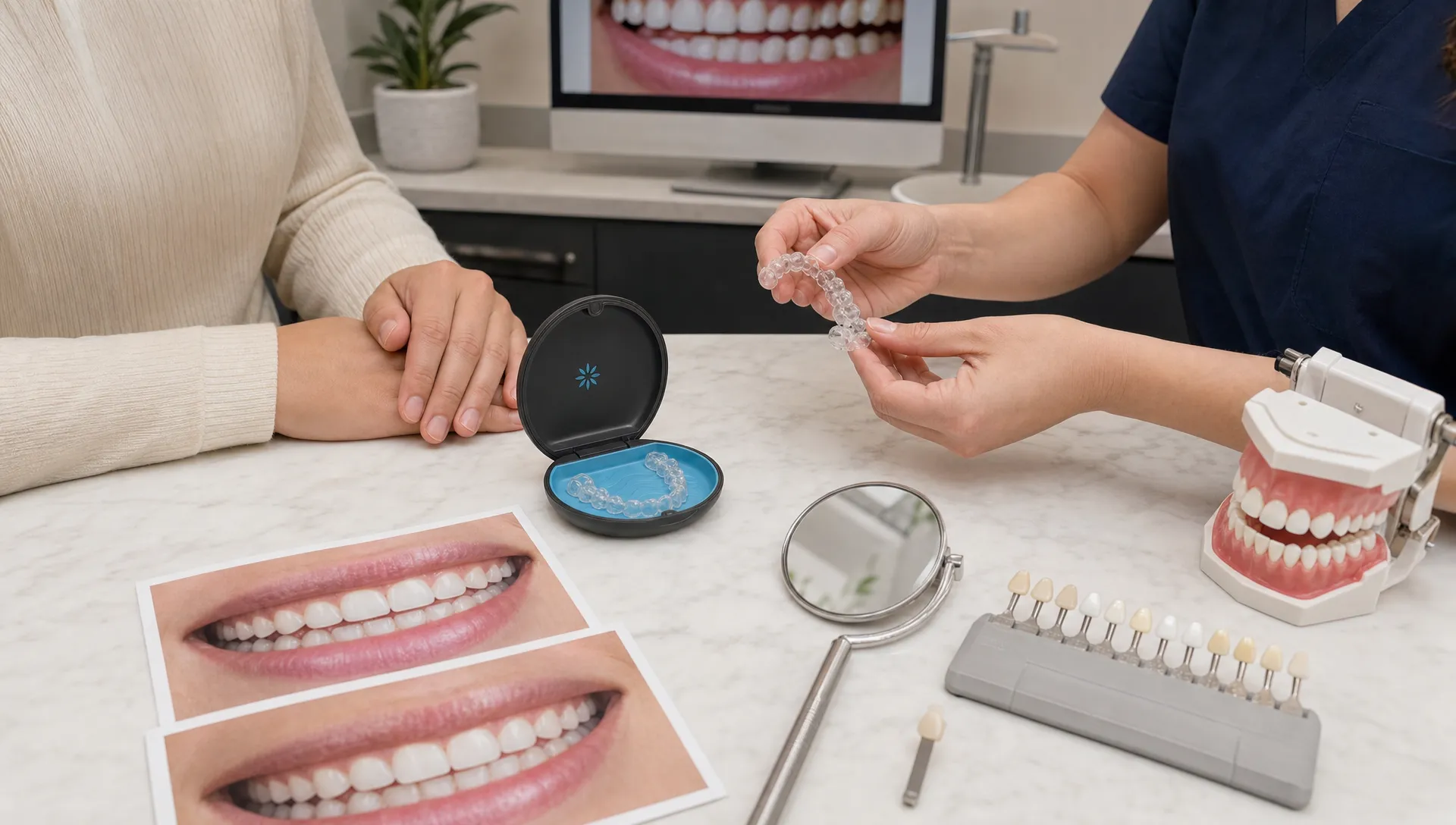 A dental consultation desk shows clear aligner trays, a mirror, a shade guide, printed smile photos and a small tooth model.