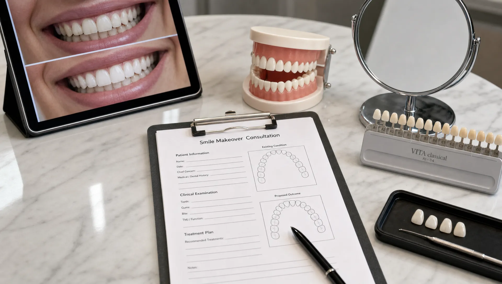 A dental consultation table with a shade guide, model teeth, treatment notes and a mirror for planning a full mouth smile makeover.