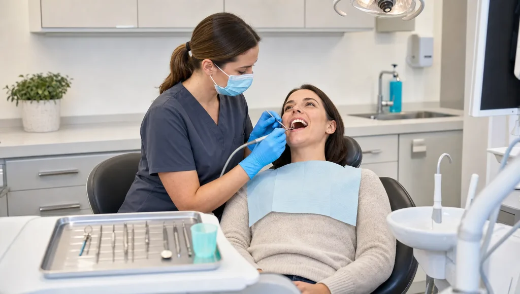A dental hygienist cleans a patient's teeth during a routine preventive appointment in a calm treatment room.