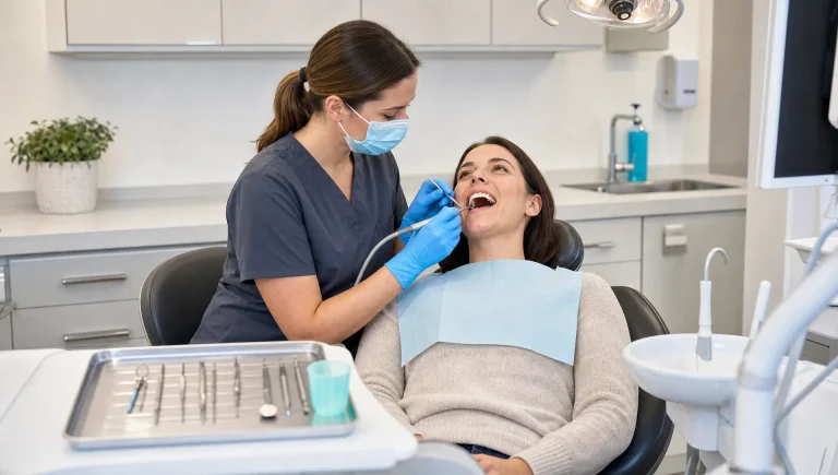 A dental hygienist cleans a patient's teeth during a routine preventive appointment in a calm treatment room.