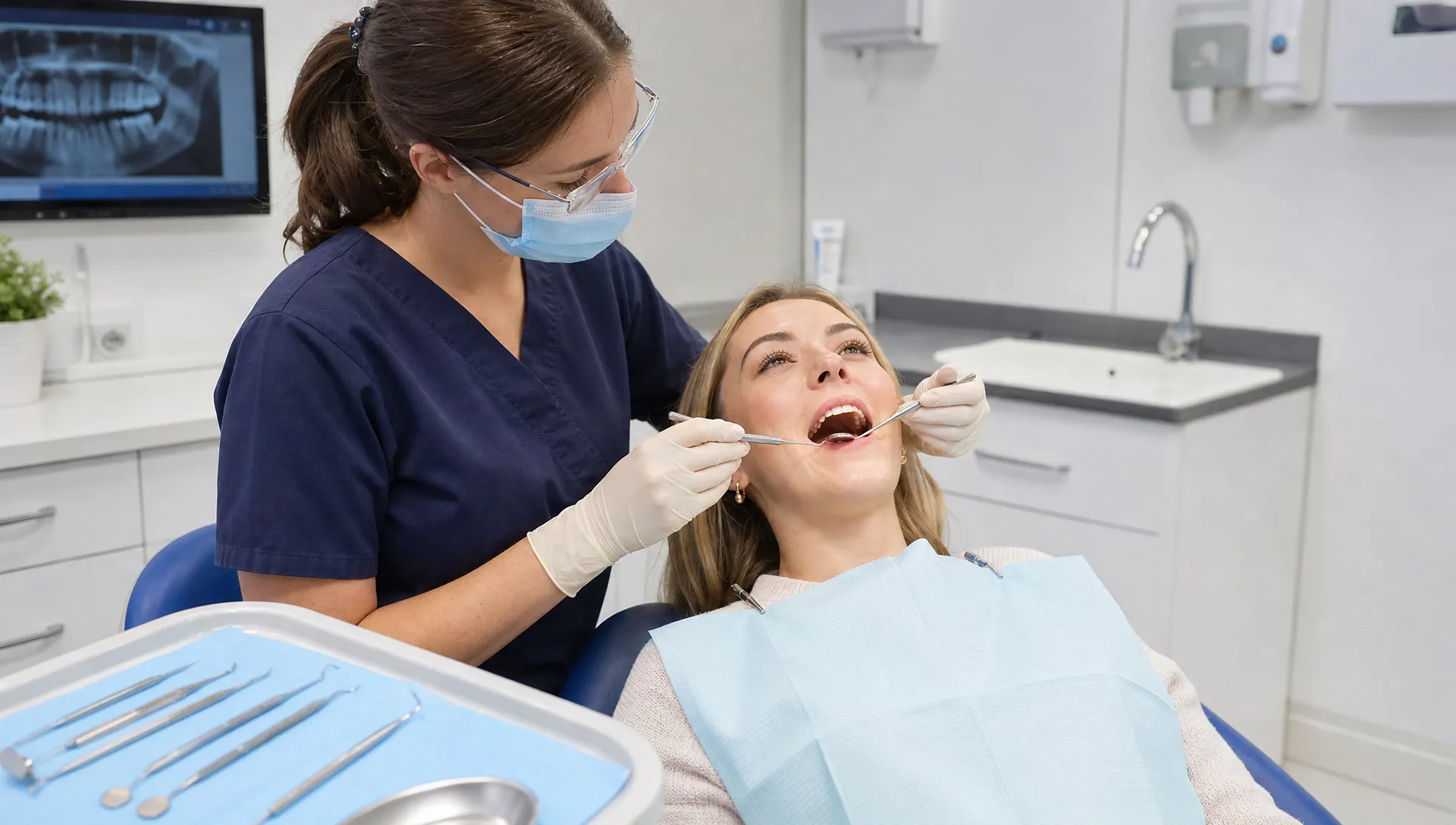 A dental hygienist cleans a patient's teeth with professional instruments while the patient reclines in a chair beside a tray of cleaning tools.