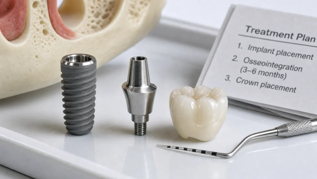A dental implant crown assembly on a tray shows the fixture, abutment and final tooth as separate parts.