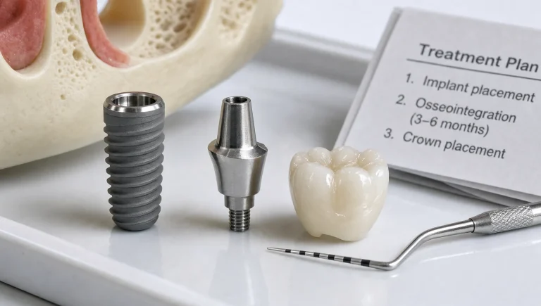 A dental implant crown assembly on a tray shows the fixture, abutment and final tooth as separate parts.