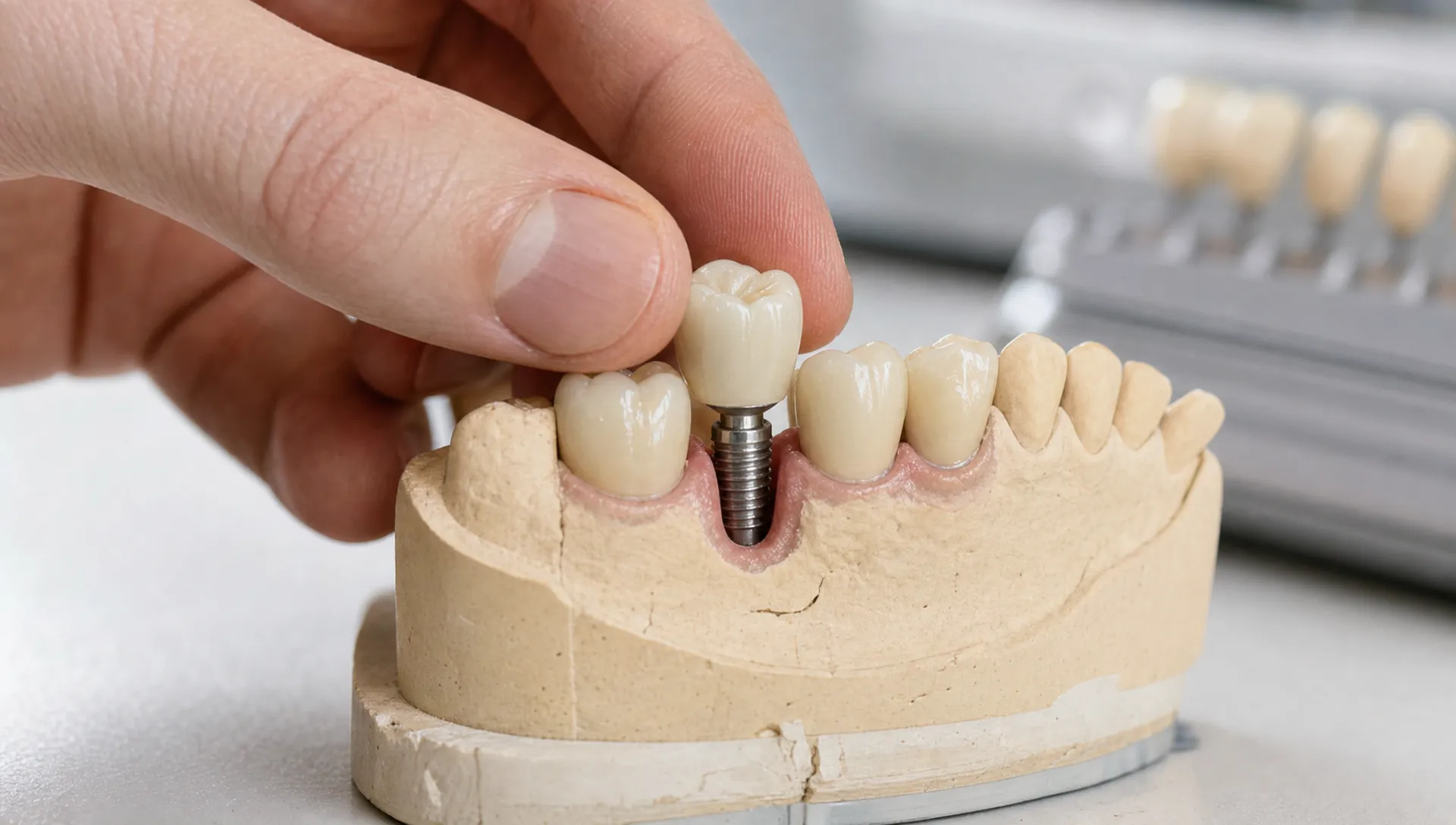 A dental implant crown on a model is compared with neighbouring teeth to check shade, shape and gumline matching.
