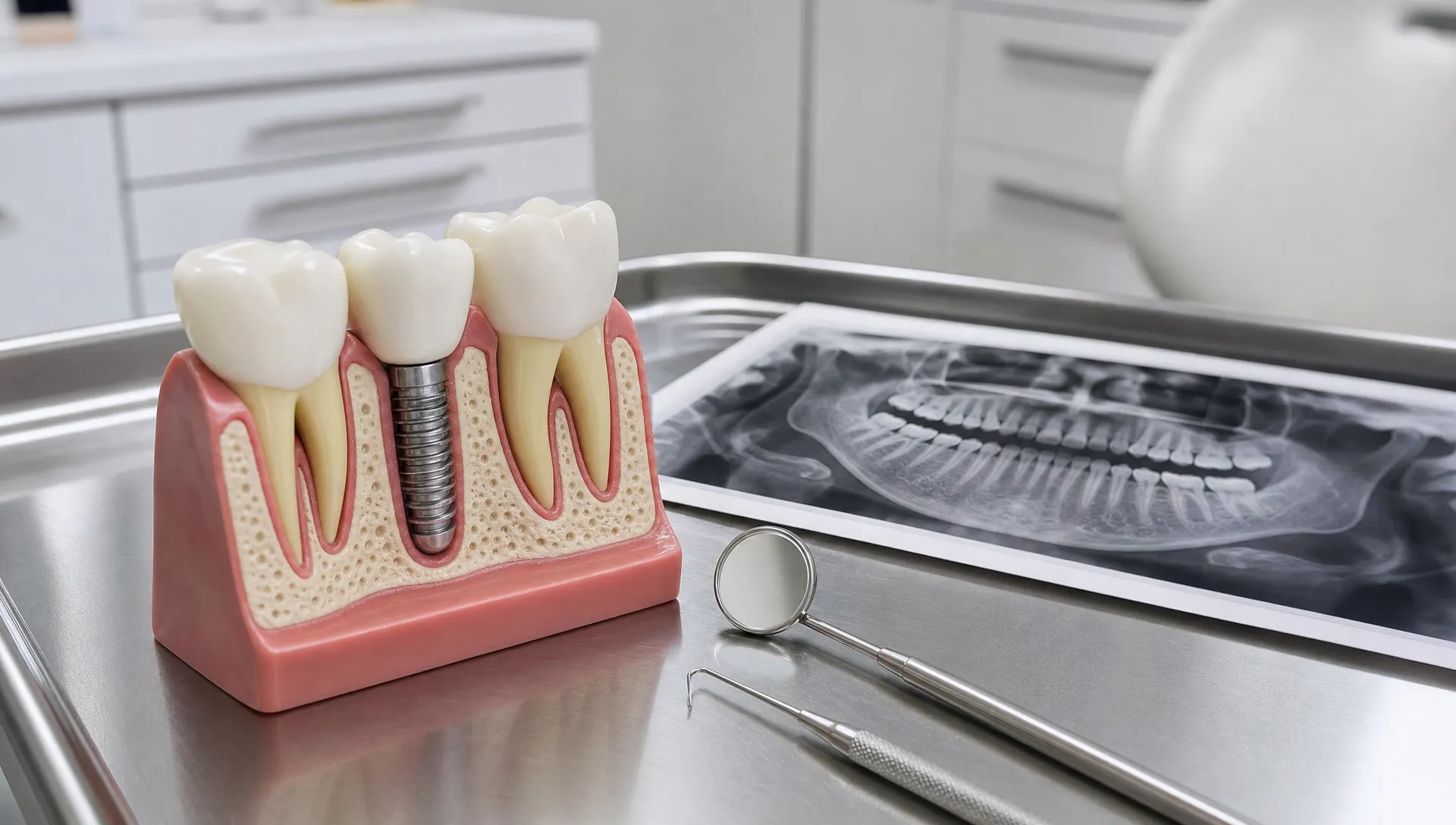 A dental implant model beside a mirror, probe and X-ray printout on a clinic tray, showing examination and planning before treatment.