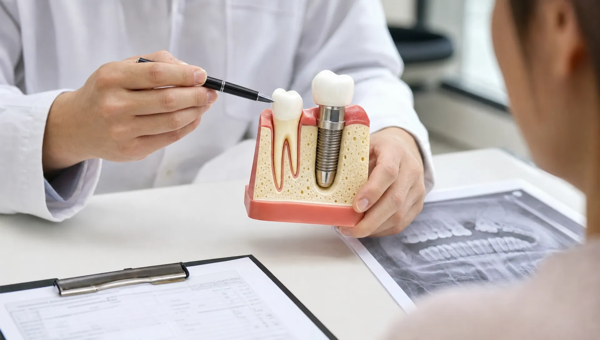 A dental implant model shows the implant post, abutment and crown beside a tooth and jawbone during a cost explanation.