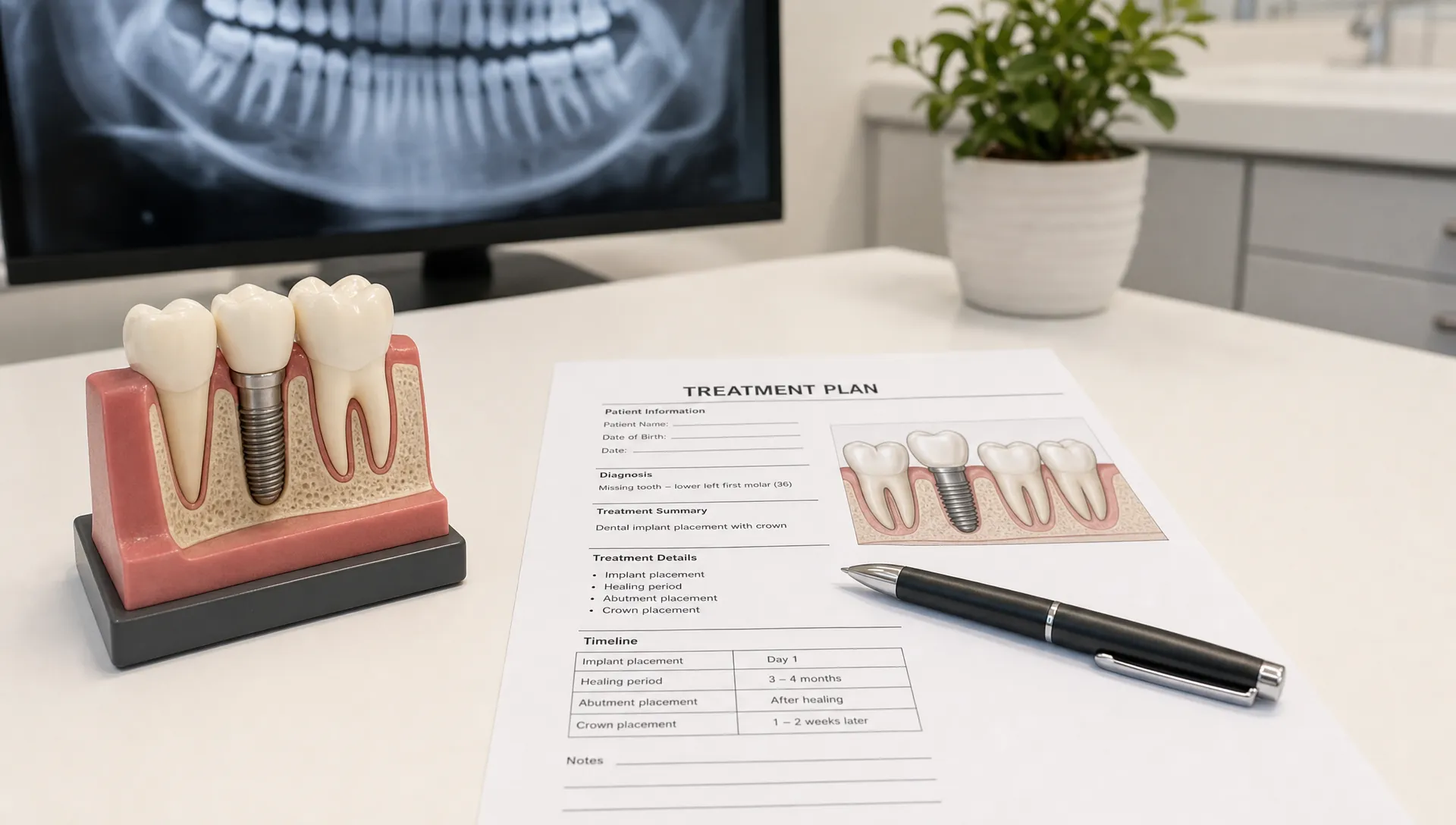 A dental implant model sits beside a printed treatment plan and pen on a clean consultation desk.