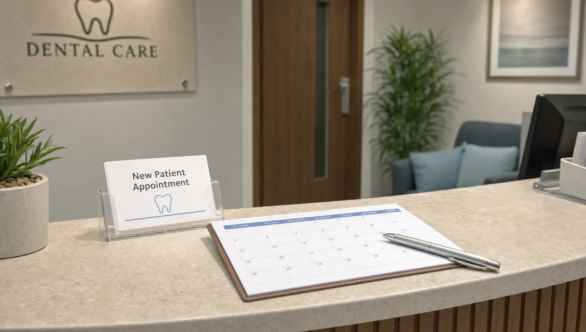 A dental reception desk holds an appointment card, calendar and pen ready for a new patient booking.