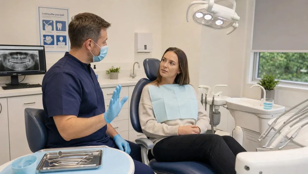 A dentist and anxious adult patient discuss a stop signal beside the dental chair before treatment begins.
