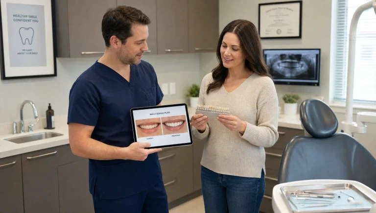 A dentist and patient discuss cosmetic dental options beside a treatment chair in a private clinic.