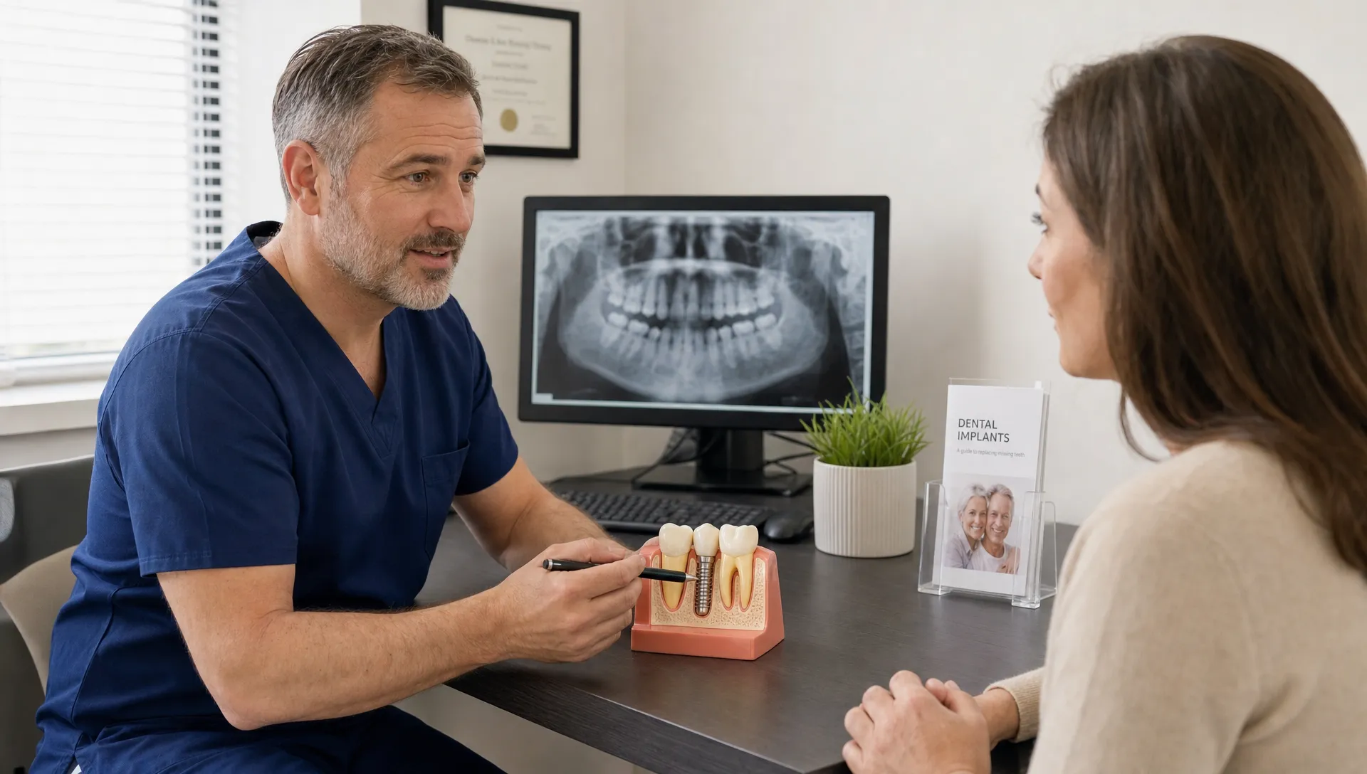 A dentist and patient discuss dental implant options at a calm consultation with a tooth model on the desk.