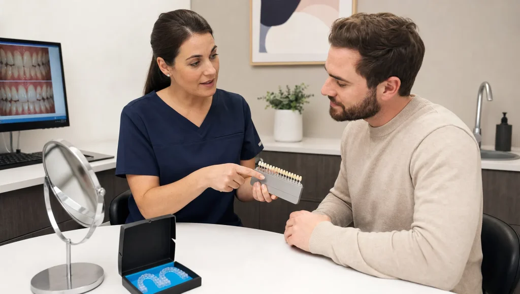 A dentist and patient review a shade guide and custom trays during a teeth whitening consultation.
