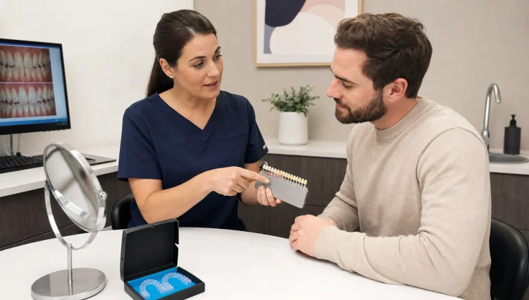 A dentist and patient review a shade guide and custom trays during a teeth whitening consultation.